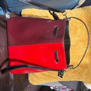 Anthropologie Two-Tone Red and Burgundy Shoulder Bucket Bag with Black Trim